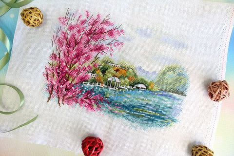 Cross Stitch Embroidery Kit, Abrau-Durso Landscape, MP Studia, Fabric, Threads, Needle, Pattern and Instructions, Beginner Friendly