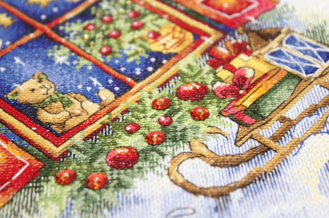 Christmas Cross Stitch Kit “Waiting for the Holidays,” Aida Canvas, Cotton Threads, Needle, Chart and Instructions by MP Studia