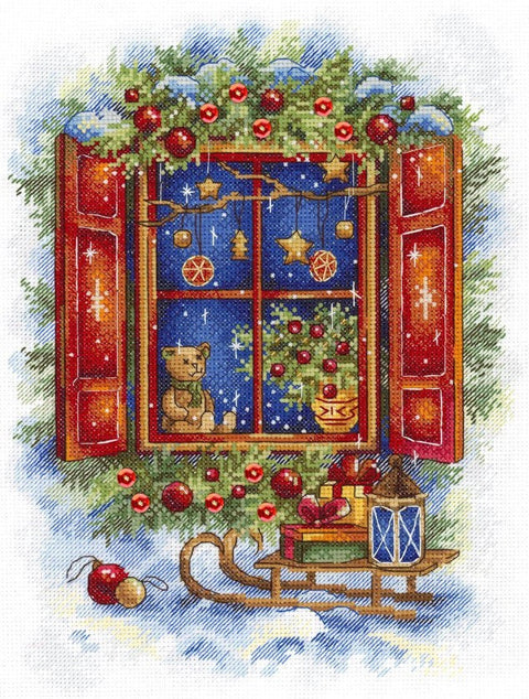 Christmas Cross Stitch Kit “Waiting for the Holidays,” Aida Canvas, Cotton Threads, Needle, Chart and Instructions by MP Studia