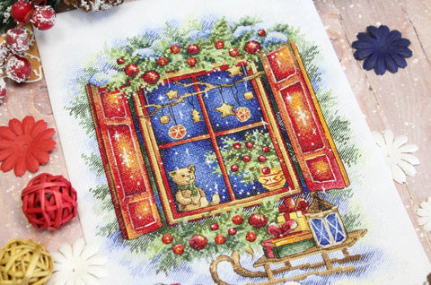 Christmas Cross Stitch Kit “Waiting for the Holidays,” Aida Canvas, Cotton Threads, Needle, Chart and Instructions by MP Studia