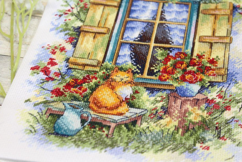 Cross Stitch Embroidery Kit Country Idyll, MP Studia, Aida Canvas, Cotton Threads, 26×19 cm, Beginner-Friendly Rural Landscape DIY Kit