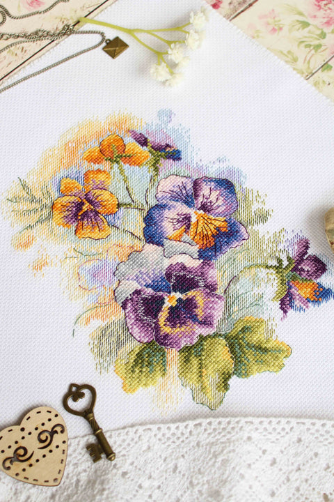 Cross Stitch Embroidery Kit, Summer Flowers, Aida Fabric, Cotton Floss, Needle, Pattern and Instructions by MP Studia