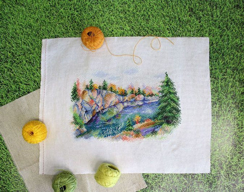 Cross Stitch Kit Karelian Ruskeala Park Landscape, Multicolor Cotton Aida Canvas, MP Studia Embroidery Set