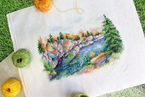 Cross Stitch Kit Karelian Ruskeala Park Landscape, Multicolor Cotton Aida Canvas, MP Studia Embroidery Set