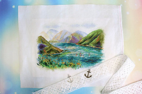Counted Cross Stitch Kit, Mountain Lake Landscape, Aida Canvas, Cotton Threads, MP Studia DIY Embroidery Project