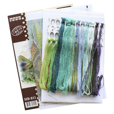 Counted Cross Stitch Kit, Mountain Lake Landscape, Aida Canvas, Cotton Threads, MP Studia DIY Embroidery Project