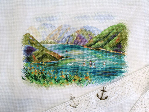 Counted Cross Stitch Kit, Mountain Lake Landscape, Aida Canvas, Cotton Threads, MP Studia DIY Embroidery Project
