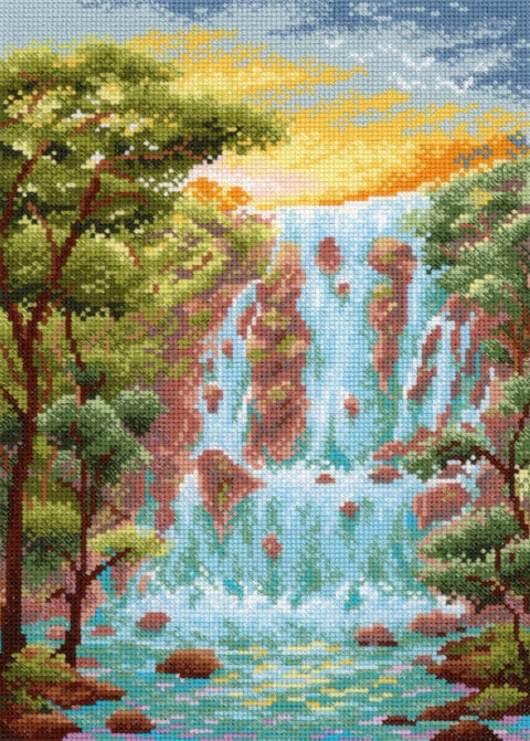 Cross Stitch Kit with Waterfall Landscape, Embroidery Canvas, Threads, Needle, Pattern and Instructions by MP Studia