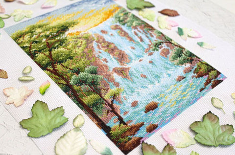 Cross Stitch Kit with Waterfall Landscape, Embroidery Canvas, Threads, Needle, Pattern and Instructions by MP Studia