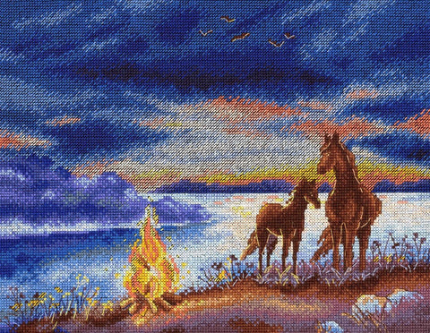 Cross Stitch Kit with Summer Night Motif, MP Studia Embroidery Set with Fabric, Threads, Needle, Pattern and Instructions