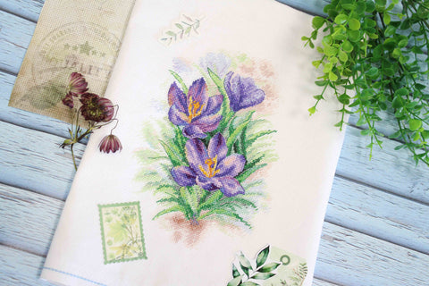 Cross Stitch Kit with Bright Crocus Flowers, MP Studia, Cotton Threads, Purple Yellow Green Floral Design, Beginner Friendly