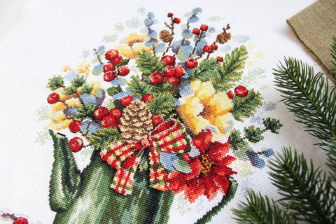 Cross Stitch Embroidery Kit with Floral Bouquet Pattern, MP Studia, Multicolor Design, Canvas, Threads, Needle and Color Chart