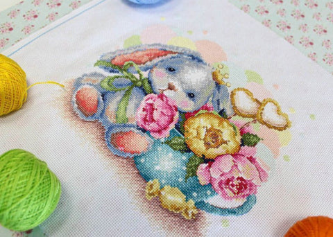 Cross Stitch Embroidery Kit with Peony Flower Design, MP Studia, Pink, Cream and Green, Cotton, Beginner Friendly