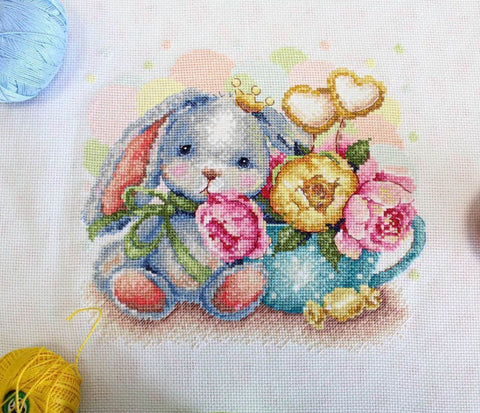 Cross Stitch Embroidery Kit with Peony Flower Design, MP Studia, Pink, Cream and Green, Cotton, Beginner Friendly