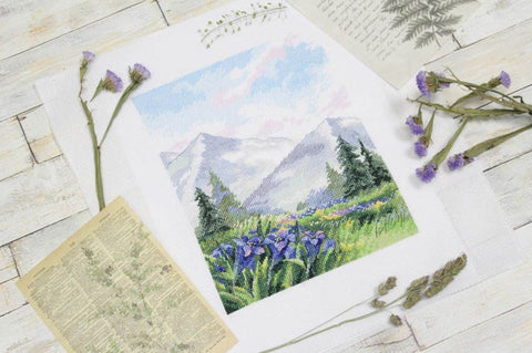 Mountain Landscape Cross Stitch Embroidery Kit, MP Studia, Aida Canvas, Cotton Floss, Needle and Instructions, Beginner-Friendly DIY Craft