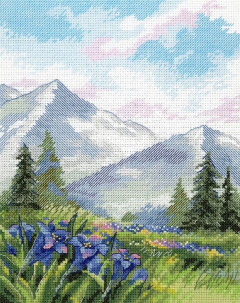 Mountain Landscape Cross Stitch Embroidery Kit, MP Studia, Aida Canvas, Cotton Floss, Needle and Instructions, Beginner-Friendly DIY Craft