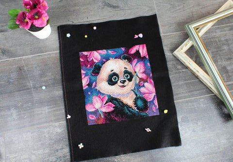 Cross Stitch Kit with Romantic Panda Design, Embroidery Fabric, Threads, Needle, Color Chart and Instructions by MP Studia
