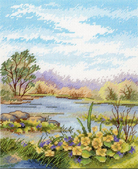 Cross Stitch Kit, Forest Pond Landscape, Aida Fabric & Cotton Threads – MP Studia Embroidery Set for Beginners and Advanced Crafters