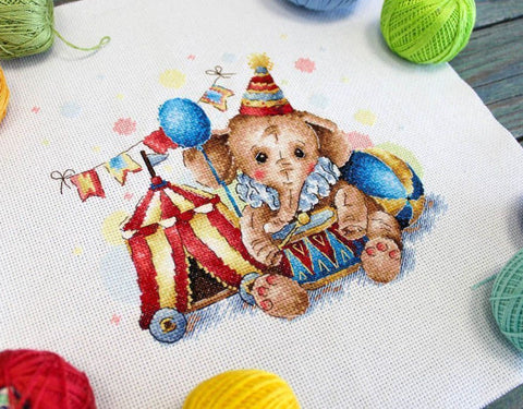 Colorful Circus Cross Stitch Kit, Counted Embroidery Set with Aida Canvas, Cotton Threads, Needle & Chart by MP Studia