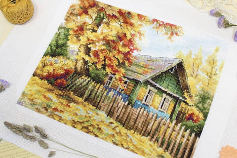 Cross Stitch Kit with House on the Hill Landscape, MP Studia Embroidery Set with Canvas, Threads, Needle, Pattern and Instructions