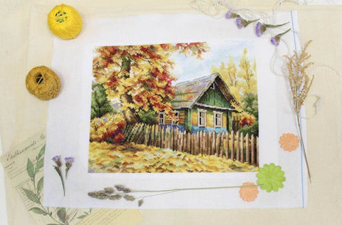 Cross Stitch Kit with House on the Hill Landscape, MP Studia Embroidery Set with Canvas, Threads, Needle, Pattern and Instructions