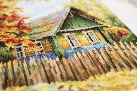 Cross Stitch Kit with House on the Hill Landscape, MP Studia Embroidery Set with Canvas, Threads, Needle, Pattern and Instructions