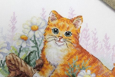 Cross Stitch Embroidery Kit with Red Gardener Cat Design, MP Studia, Colorful DIY Craft Set for Beginners and Advanced Stitchers