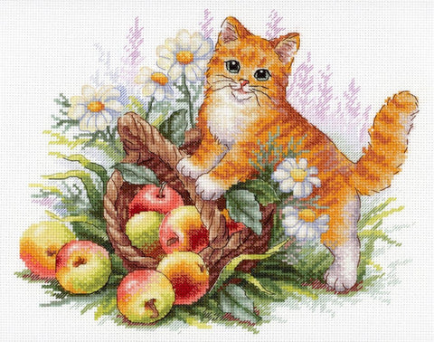 Cross Stitch Embroidery Kit with Red Gardener Cat Design, MP Studia, Colorful DIY Craft Set for Beginners and Advanced Stitchers