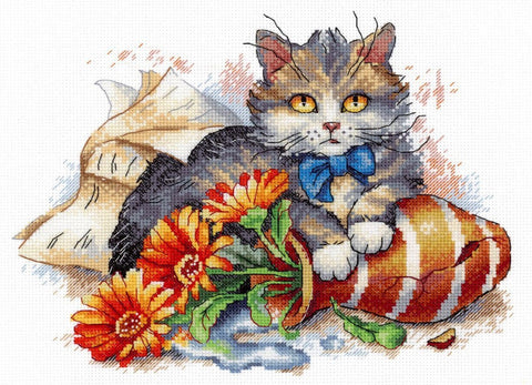 Cross Stitch Kit with Fluffy Fidget Character, MP Studia, Aida Canvas, Cotton Threads, Needle, Chart and Instructions