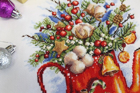 Cross Stitch Kit, Festive Tea Party Design, Cotton Aida Fabric, Threads, Needle and Pattern, MP Studia