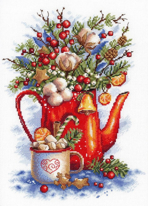 Cross Stitch Kit, Festive Tea Party Design, Cotton Aida Fabric, Threads, Needle and Pattern, MP Studia