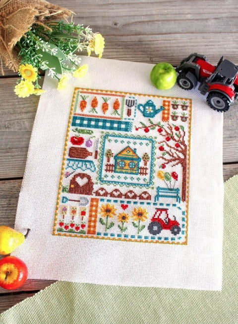 Cross Stitch Kit with Cozy Countryside Cottage Design, MP Studia, Aida Fabric, Cotton Floss, Needle, Pattern and Instructions
