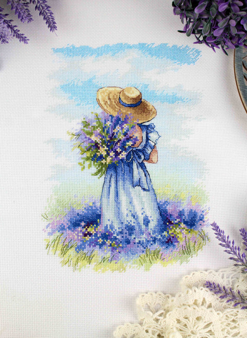 Cross Stitch Embroidery Kit Lavender Walk, MP Studia, Lavender Motif, Canvas, Threads, Needle, Pattern and Instructions