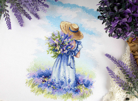 Cross Stitch Embroidery Kit Lavender Walk, MP Studia, Lavender Motif, Canvas, Threads, Needle, Pattern and Instructions