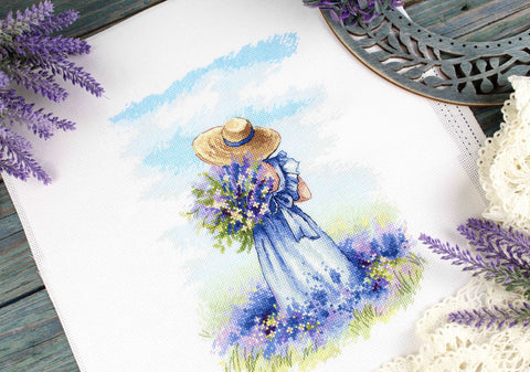 Cross Stitch Embroidery Kit Lavender Walk, MP Studia, Lavender Motif, Canvas, Threads, Needle, Pattern and Instructions