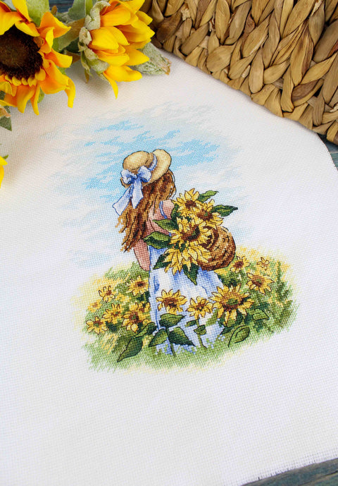 Cross Stitch Kit with Sunny Field Landscape, Aida Canvas, Cotton Threads, Multicolor Design, MP Studia, Beginner to Advanced