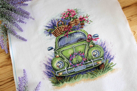 Cross Stitch Embroidery Kit with Blooming Fields Landscape, MP Studia, Fabric, Threads, Needle and Instructions, Home Décor