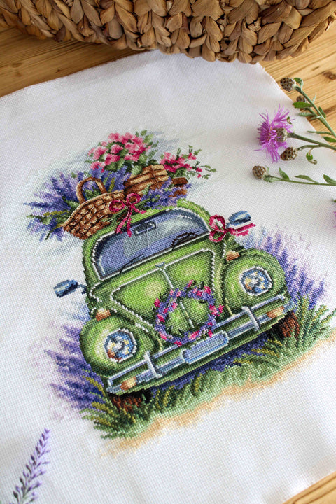 Cross Stitch Embroidery Kit with Blooming Fields Landscape, MP Studia, Fabric, Threads, Needle and Instructions, Home Décor