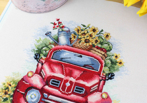 Cross Stitch Embroidery Kit with Harvest Fields Design, Aida Fabric, Cotton Threads, Needle, Pattern and Instructions by MP Studia