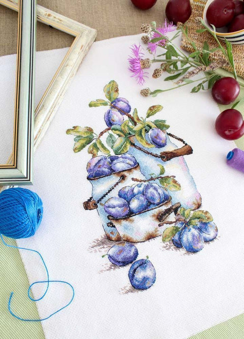 Cross Stitch Kit Garden Plums Design, MP Studia Embroidery Set with Fabric, Cotton Threads, Needle and Pattern Instructions