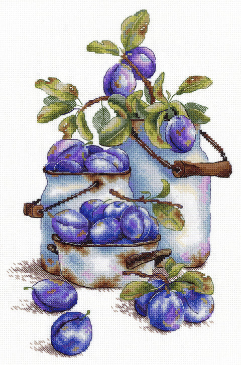 Cross Stitch Kit Garden Plums Design, MP Studia Embroidery Set with Fabric, Cotton Threads, Needle and Pattern Instructions