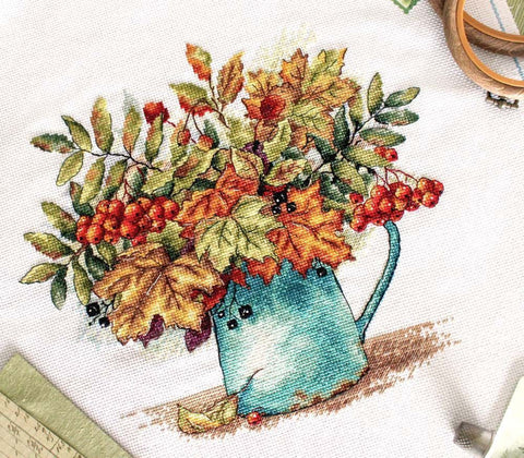 Cross Stitch Embroidery Kit with Red Rowan Berry Clusters, MP Studia, Fabric, Threads, Needle, Pattern and Instructions