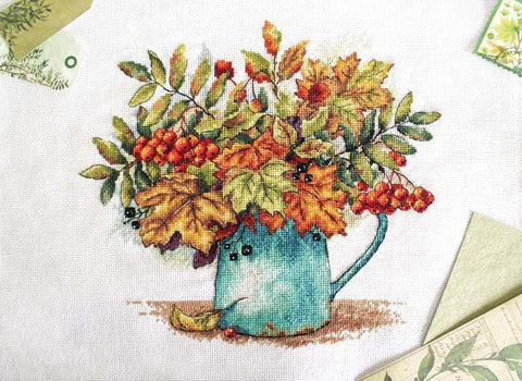 Cross Stitch Embroidery Kit with Red Rowan Berry Clusters, MP Studia, Fabric, Threads, Needle, Pattern and Instructions