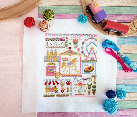 Cross Stitch Kit Amusement Park Sampler, Colorful Aida Canvas, Cotton Threads, Needle and Instructions by MP Studia