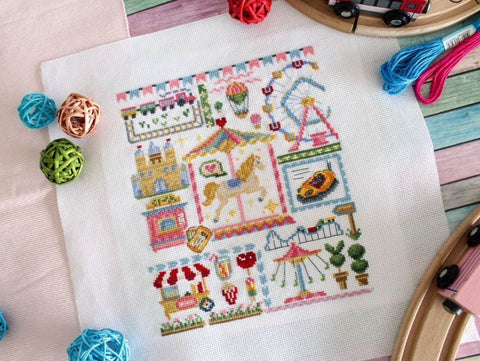 Cross Stitch Kit Amusement Park Sampler, Colorful Aida Canvas, Cotton Threads, Needle and Instructions by MP Studia