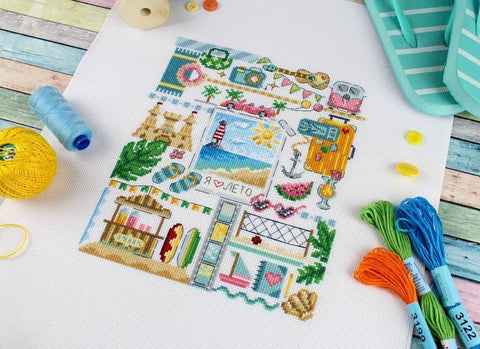Cross Stitch Embroidery Kit with Beach-Themed Maritime Sampler Design, MP Studia, Beginner to Advanced, Wall Decor