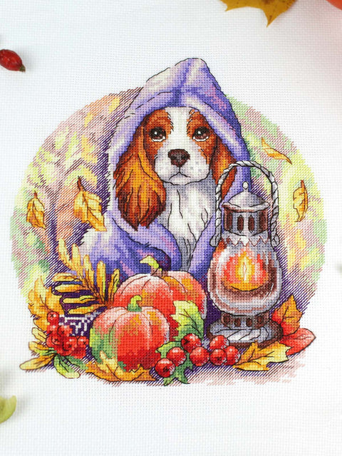Cross Stitch Embroidery Kit, Autumn Blues Design, 32 Gamma Thread Colors, 16 Count Cotton Canvas, 20 x 18 cm, MP Studia