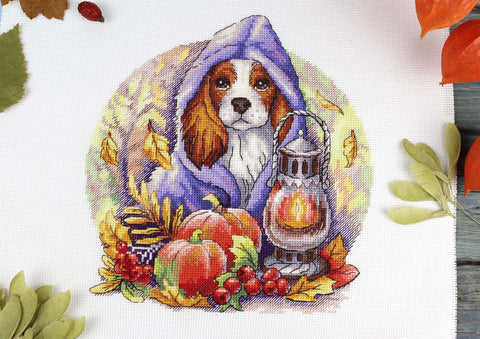 Cross Stitch Embroidery Kit, Autumn Blues Design, 32 Gamma Thread Colors, 16 Count Cotton Canvas, 20 x 18 cm, MP Studia