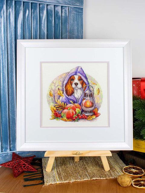 Cross Stitch Embroidery Kit, Autumn Blues Design, 32 Gamma Thread Colors, 16 Count Cotton Canvas, 20 x 18 cm, MP Studia