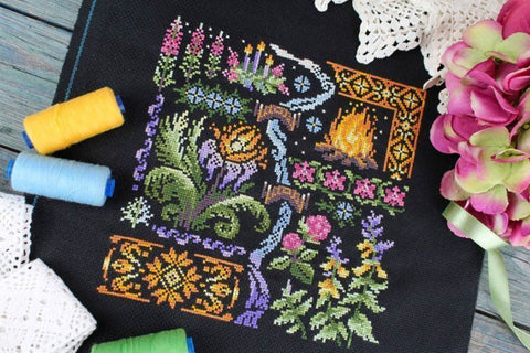 Cross Stitch Embroidery Kit “Sampler. Night” with Aida Fabric, Cotton Threads, Dark Blue and Gray Palette, MP Studia